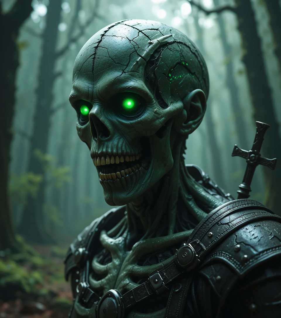 Undead warrior corpse with glowing green eyes in armor