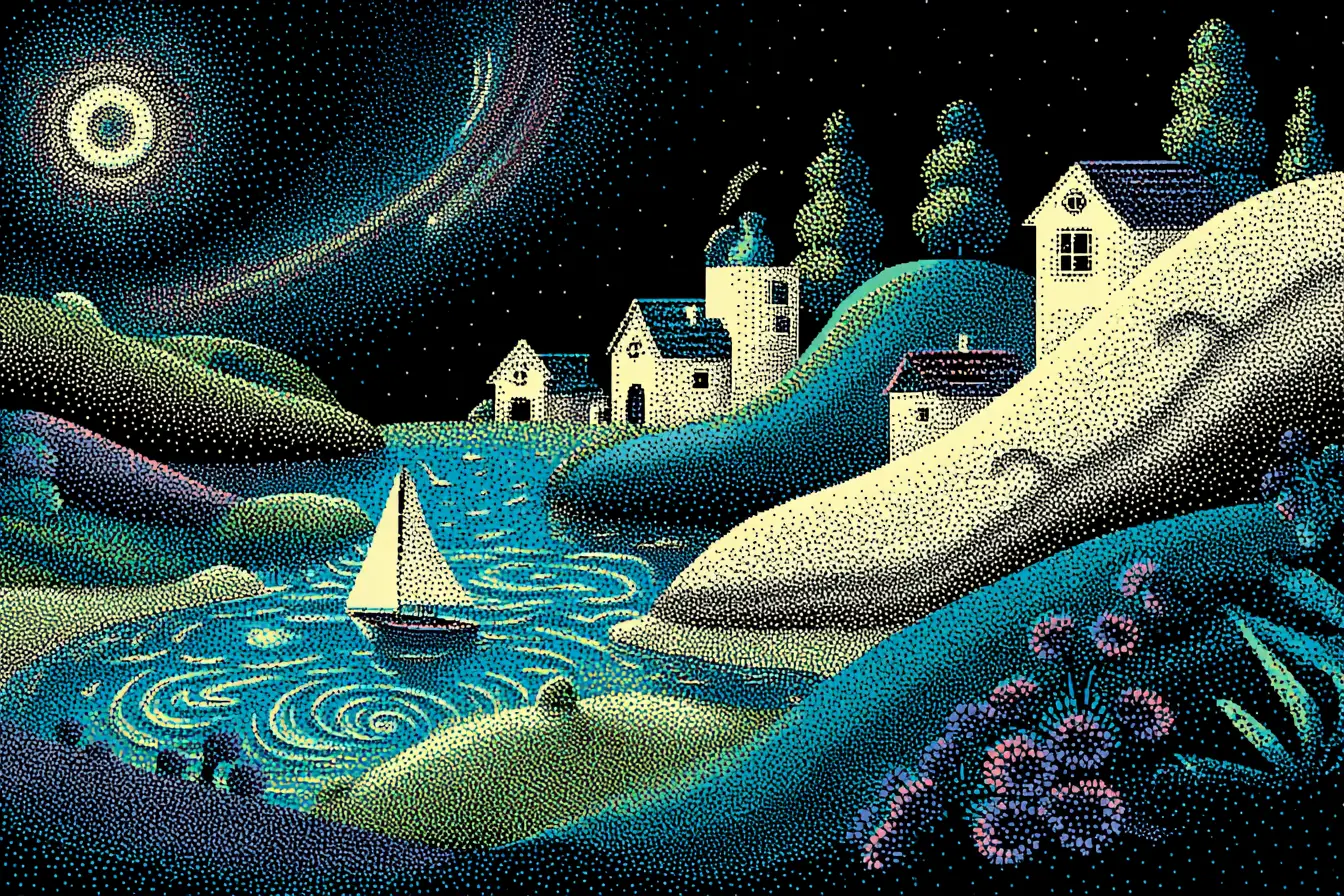 Surreal Halftone Hills With Lake Sailboat And Night Sky