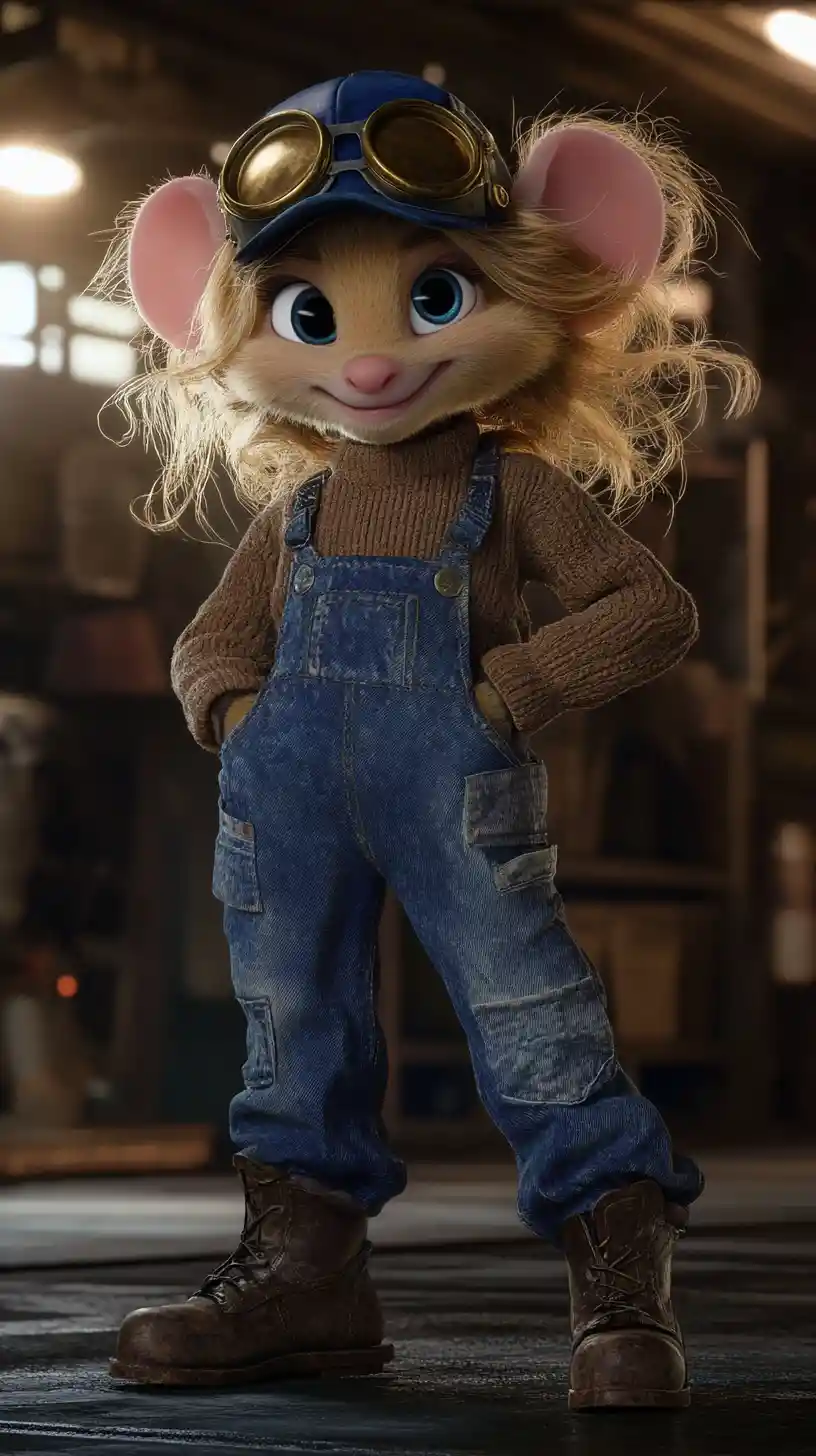 Pixar style mouse character in denim overalls