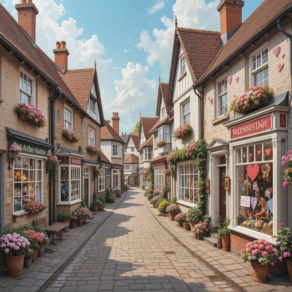 Romantische englische Dorfstraße, dekoriert zum Valentinstag