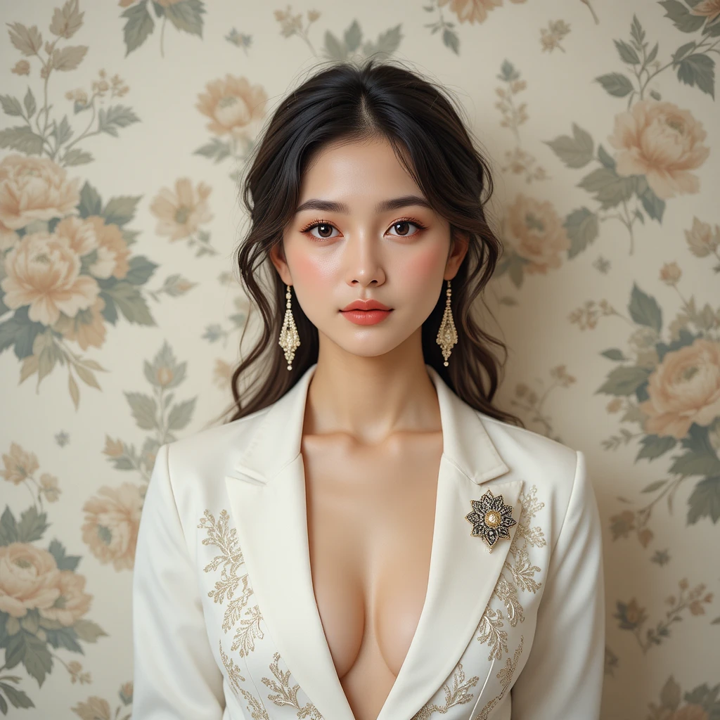 Elegant young Asian woman in white embroidered blazer