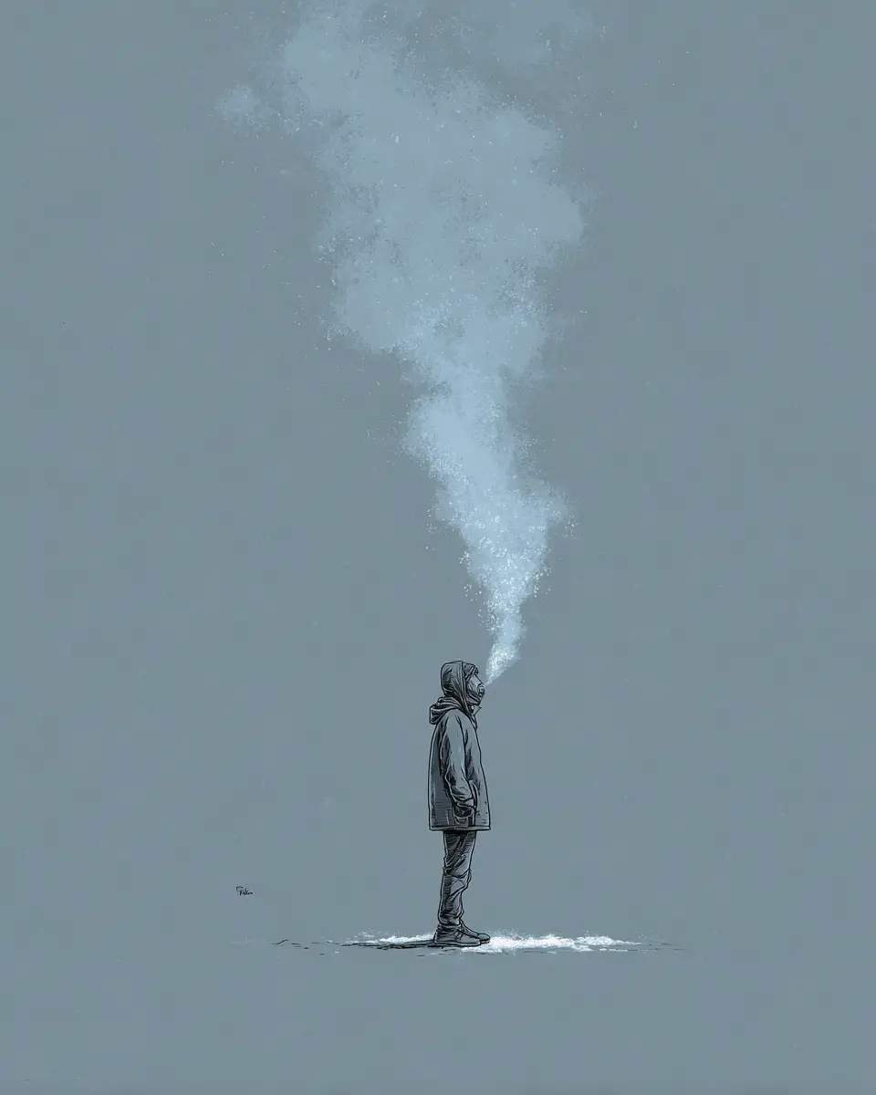 Lone figure breathing in cold winter air illustration
