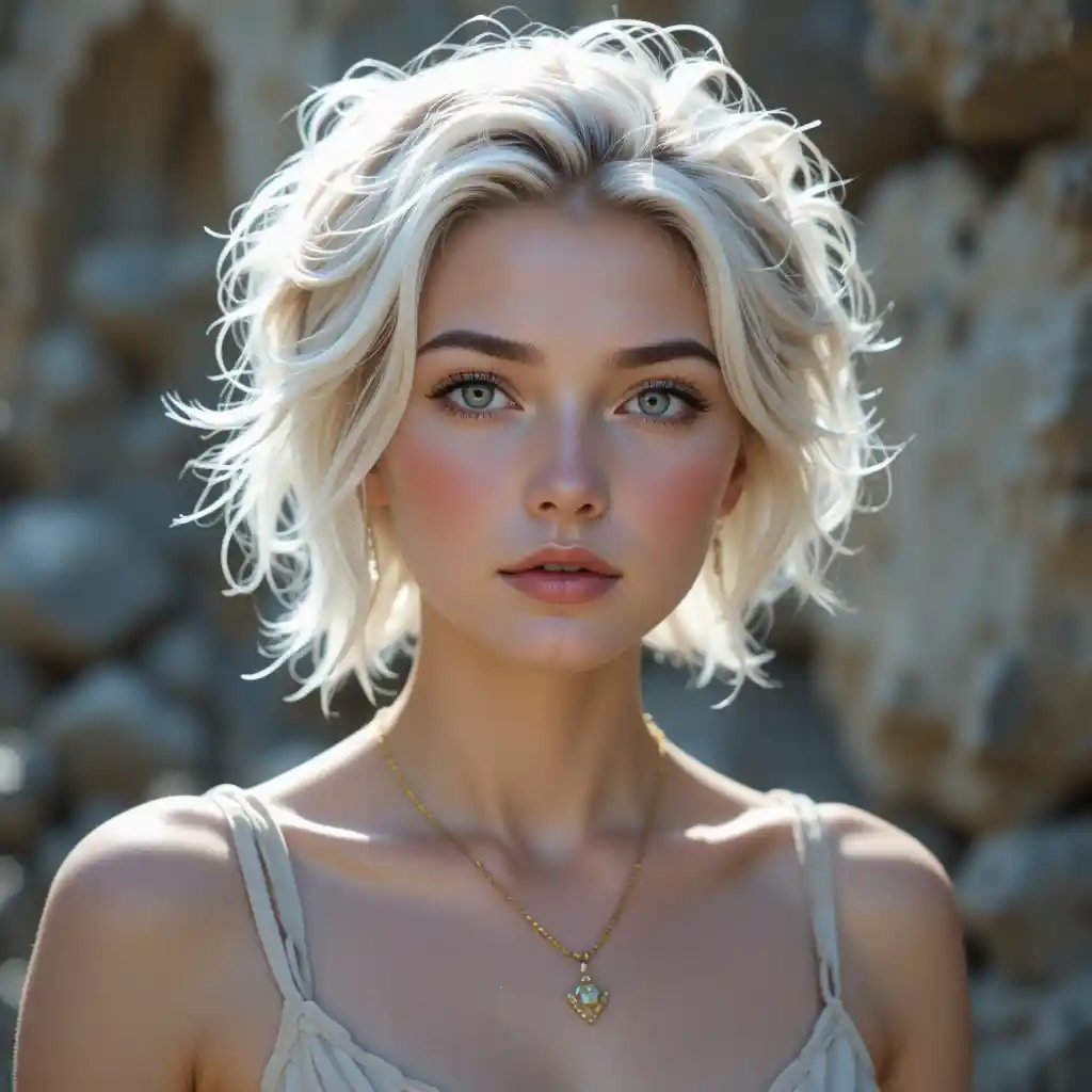 Young woman portrait with short platinum blonde hair