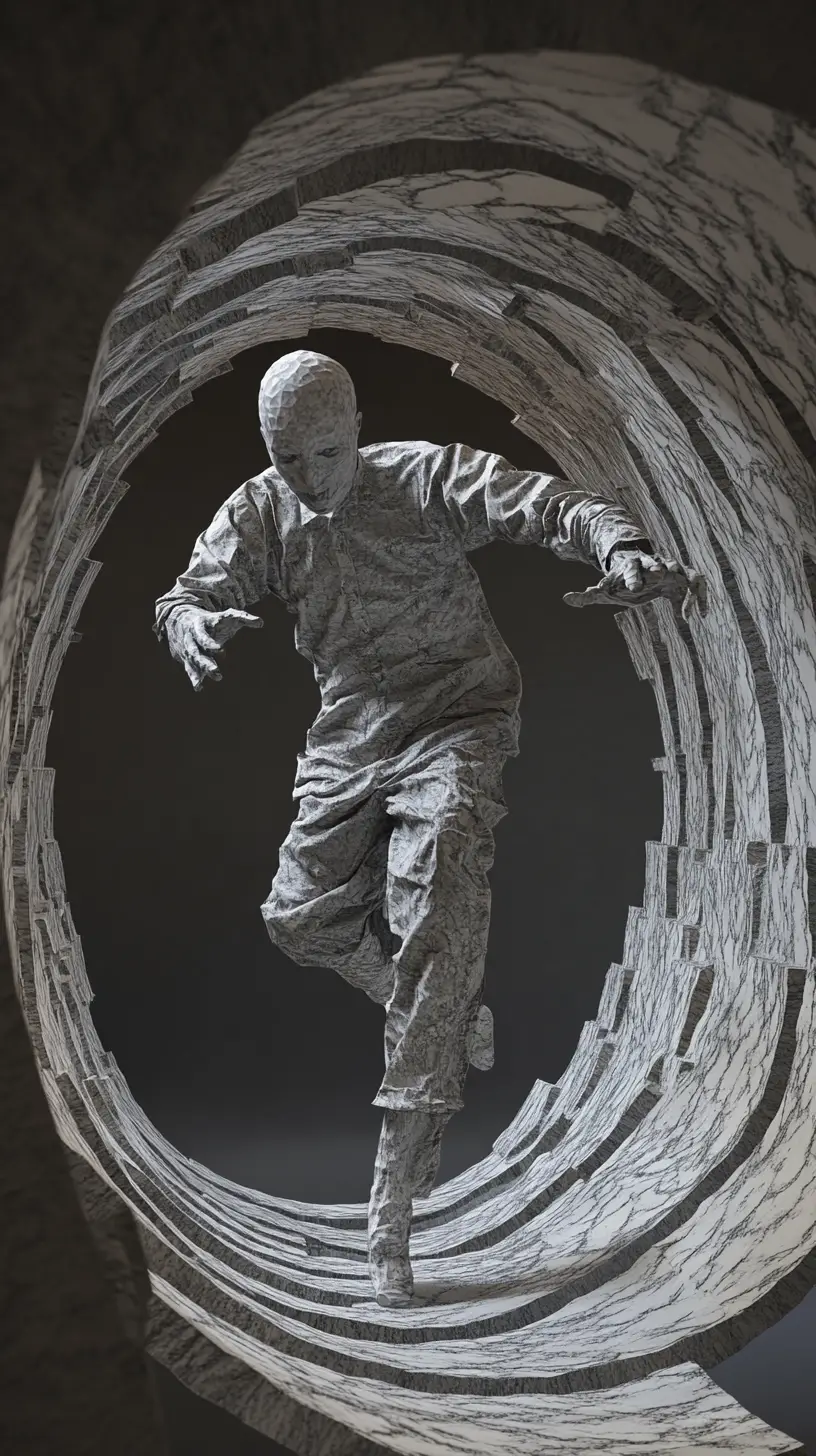 Surreal figure twisting through a dreamlike abstract realm