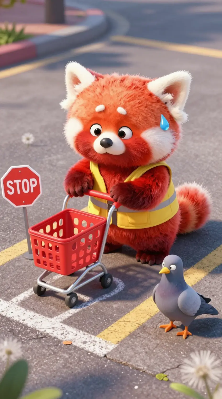 Red panda parking toy cart on sunny city sidewalk