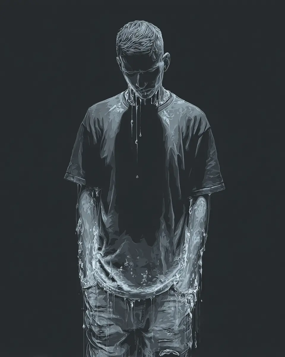 Man Standing Still In Frosty Glow On Dark Background
