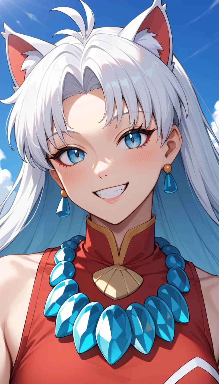 Homem de anime confiante com cabelo metade vermelho metade branco