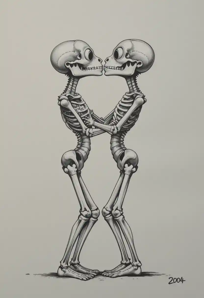Two intertwined skeletons sharing a romantic black and white kiss