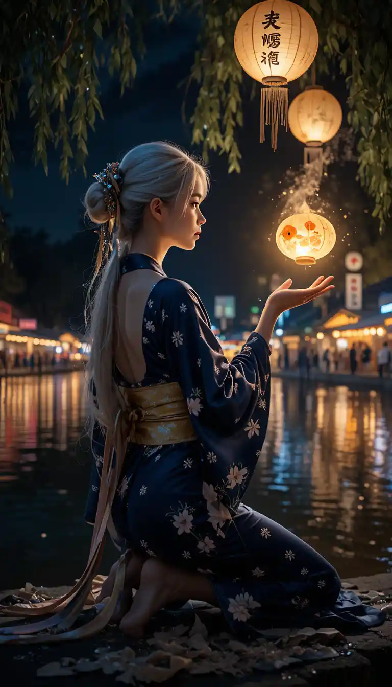 Giovane strega accanto a un lago luminoso durante un festival estivo
