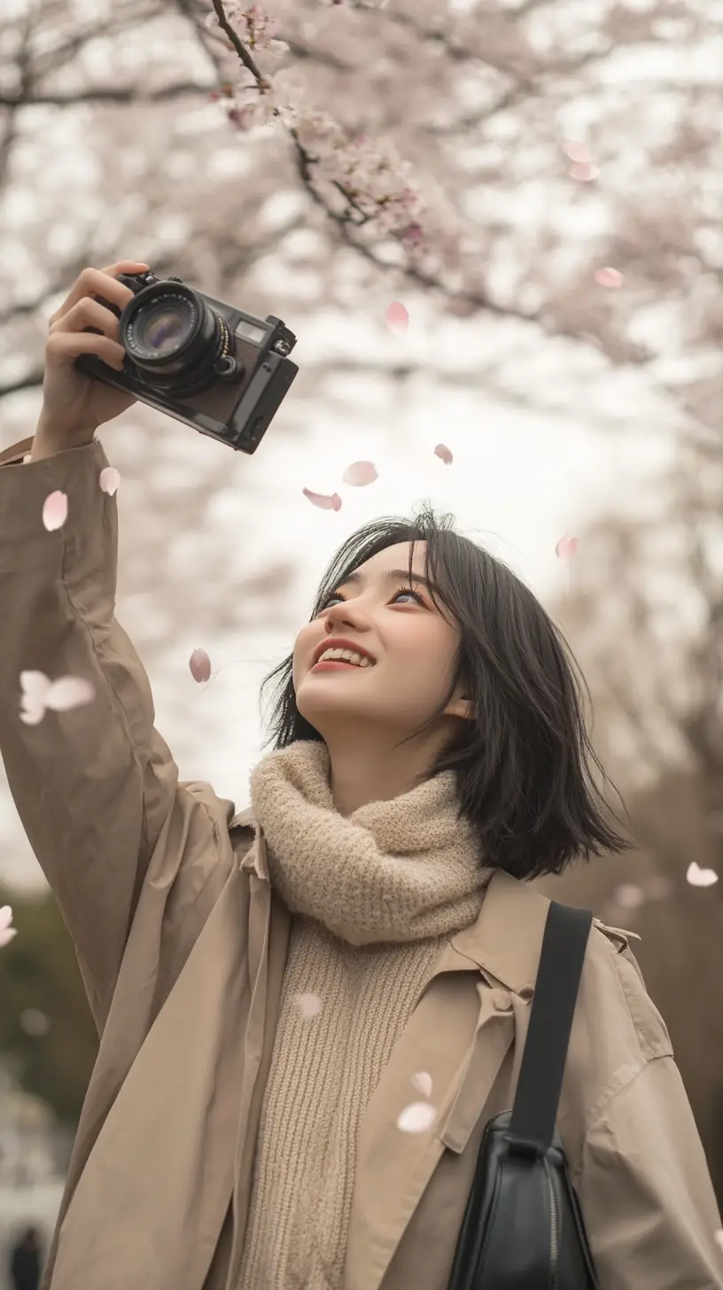 Joyful anime girl with camera under cherry blossoms