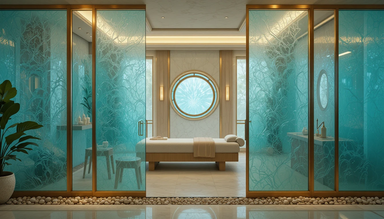 Luxury spa room with glass divider and massage table