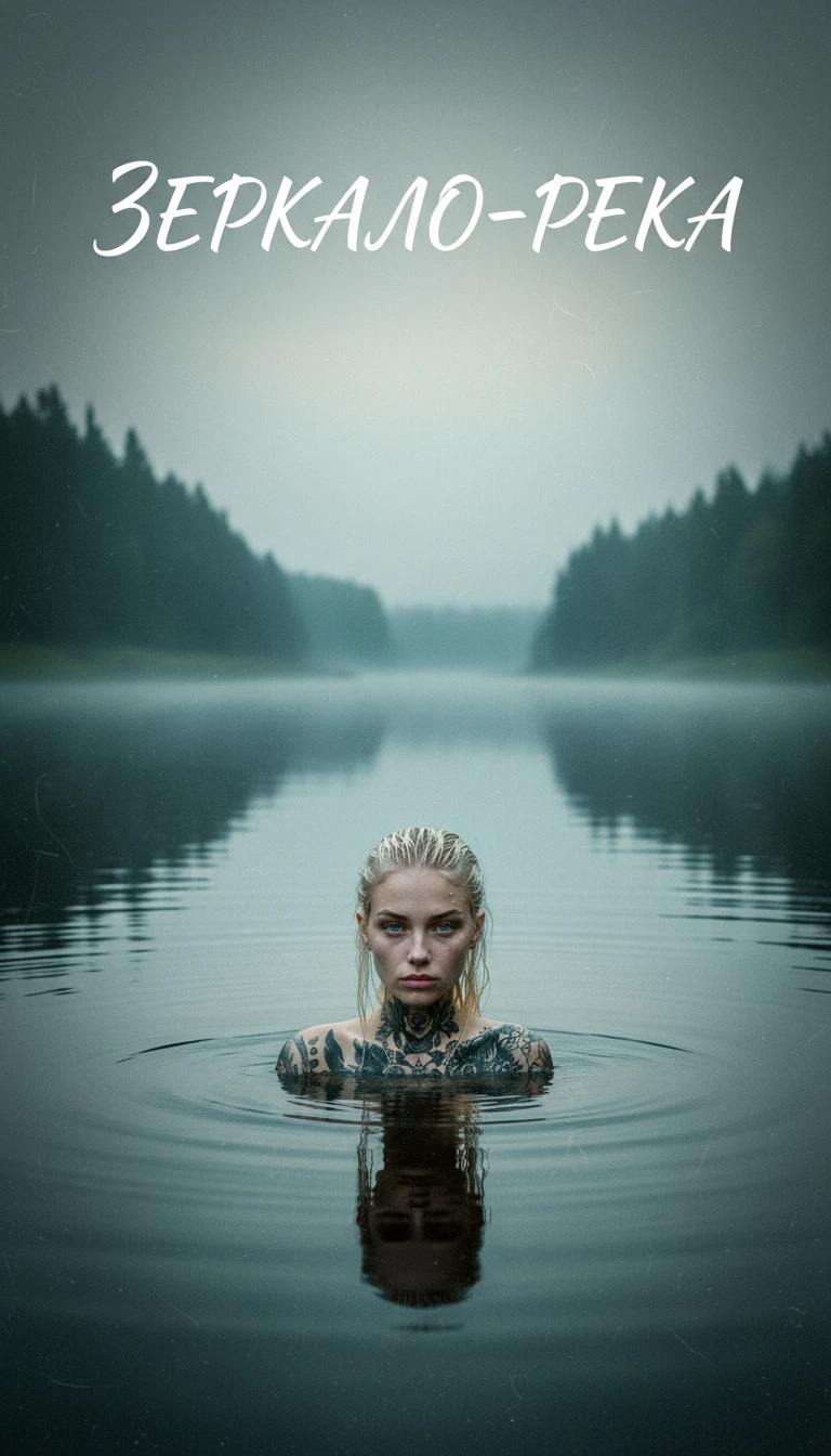 Chica tatuada con lirios de pie en un río brumoso