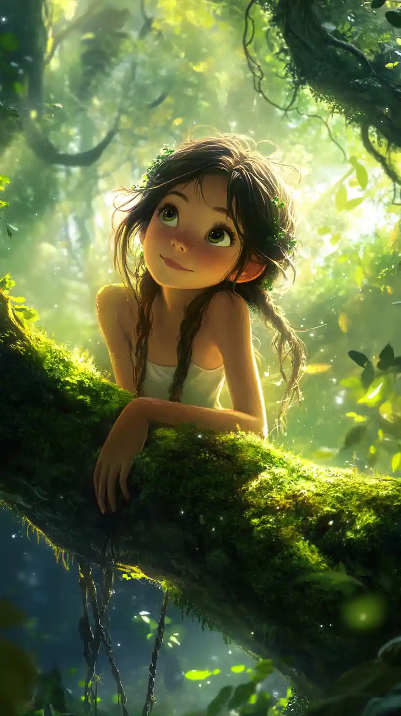 Young girl sitting on a mossy branch in forest sunlight
