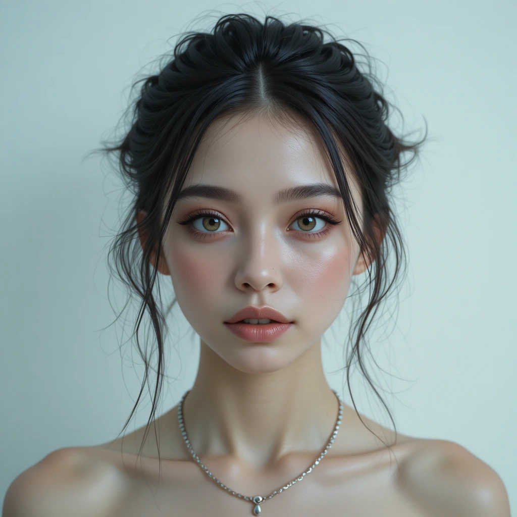 Close up portrait of a pale young woman with grey eyes