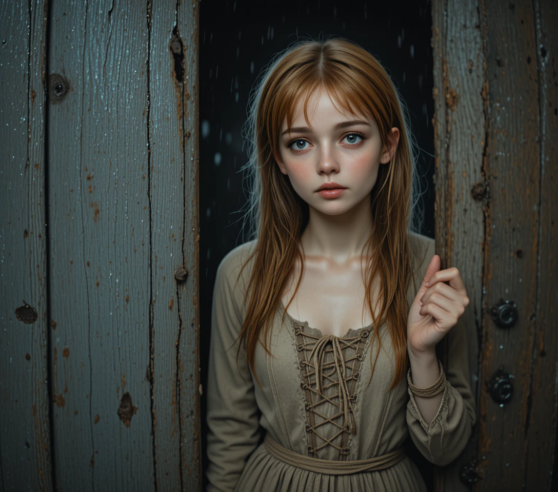 夜晚從穀倉門後探頭張望的驚恐紅髮少女