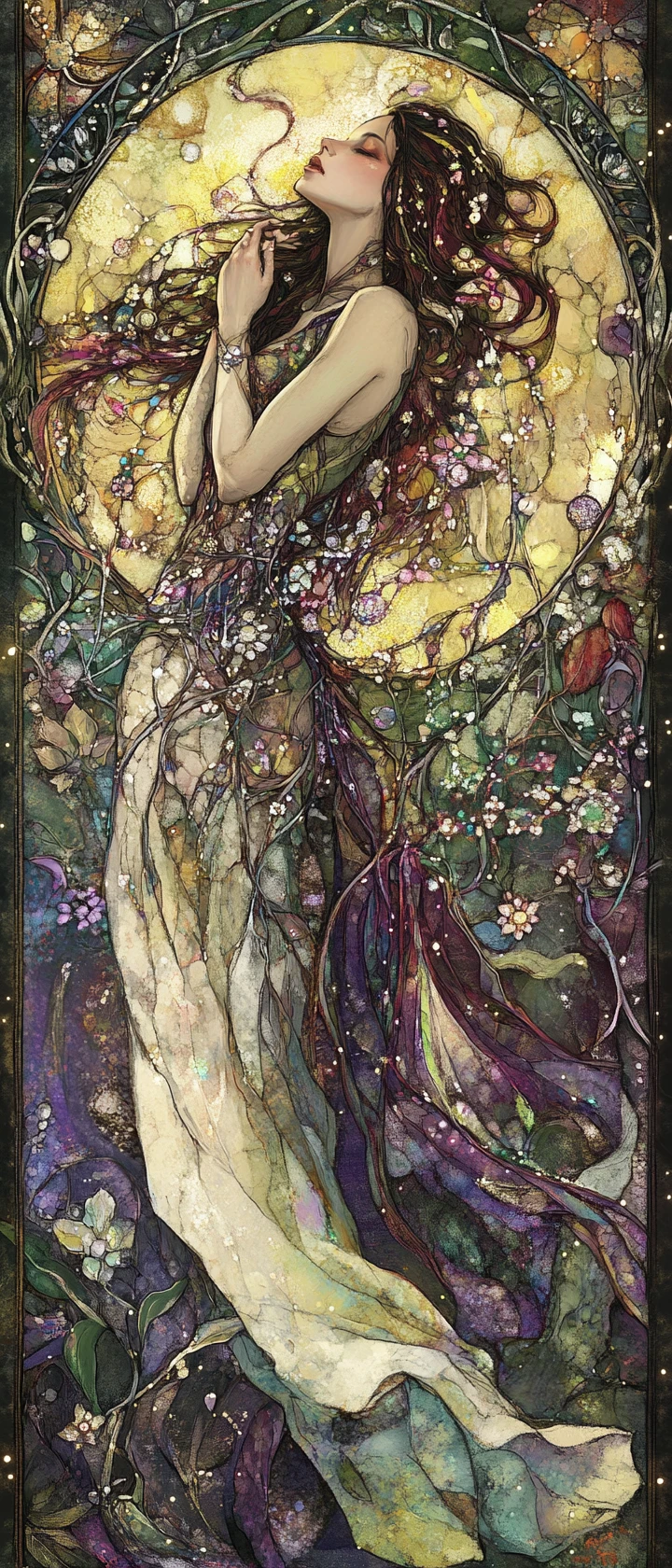 Ethereal Diamond Encrusted Woman Gliding Through Cosmic Light