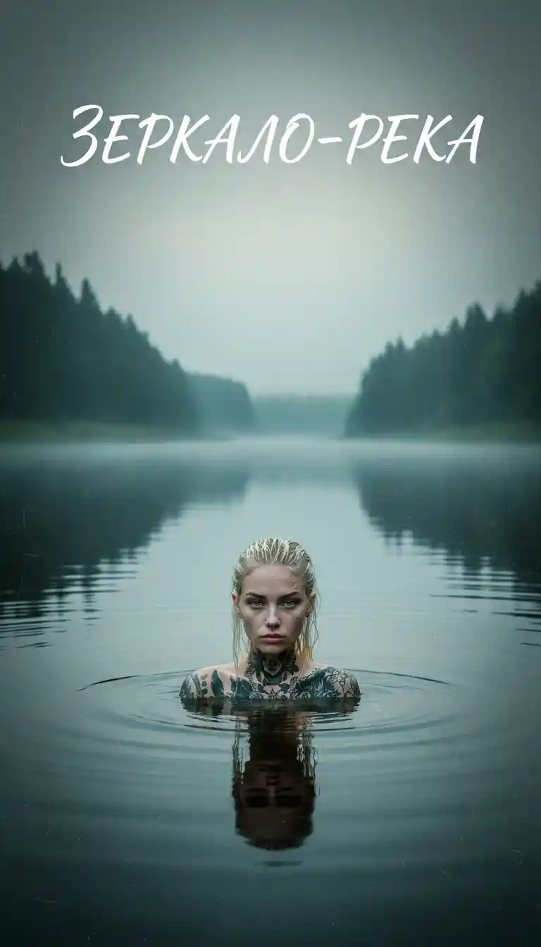 Chica tatuada con lirios de pie en un río brumoso