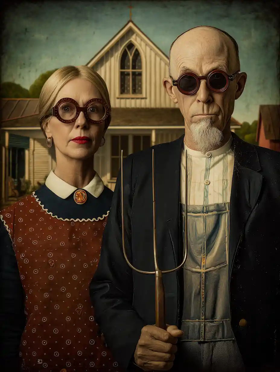 Stylish american gothic couple in a modern fairytale scene