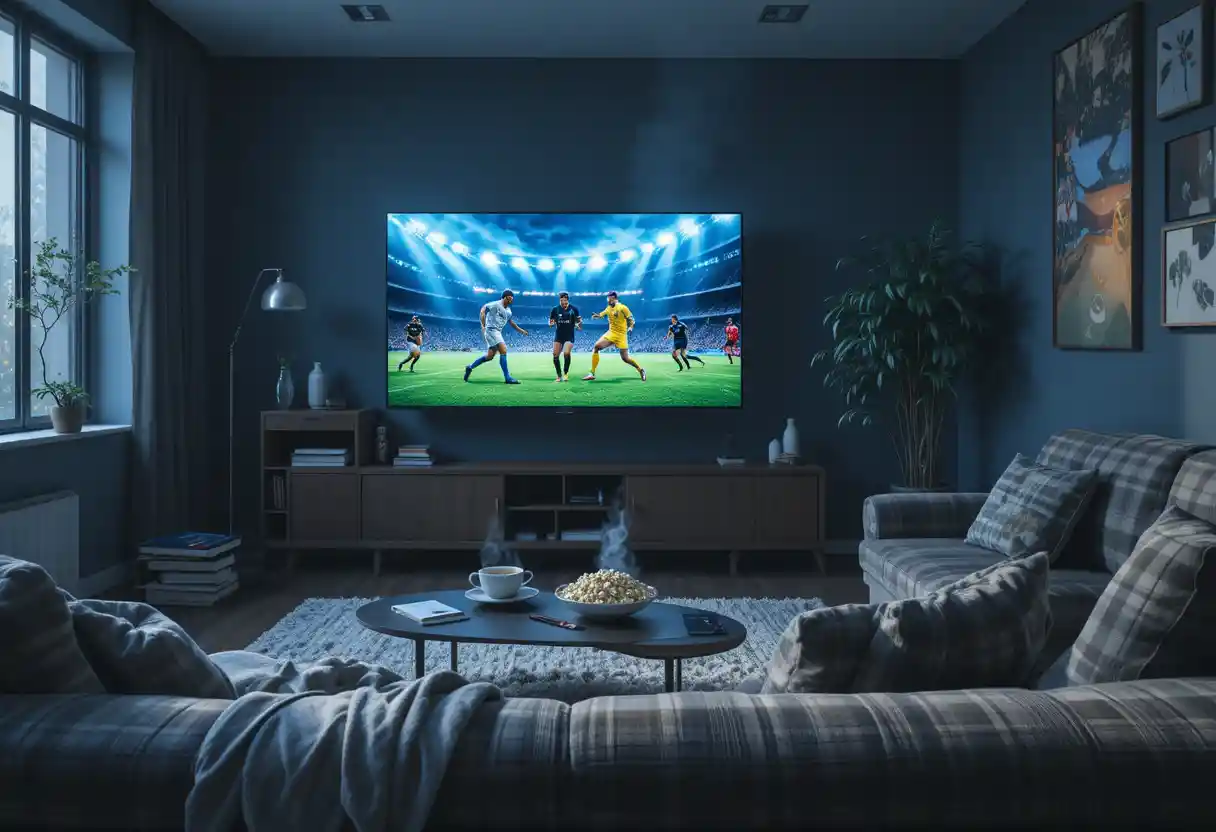 Cozy Living Room With Sofa And Tv Football Match