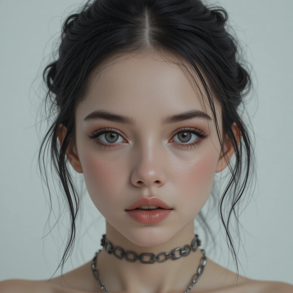 Close up portrait of a pale young woman with grey eyes