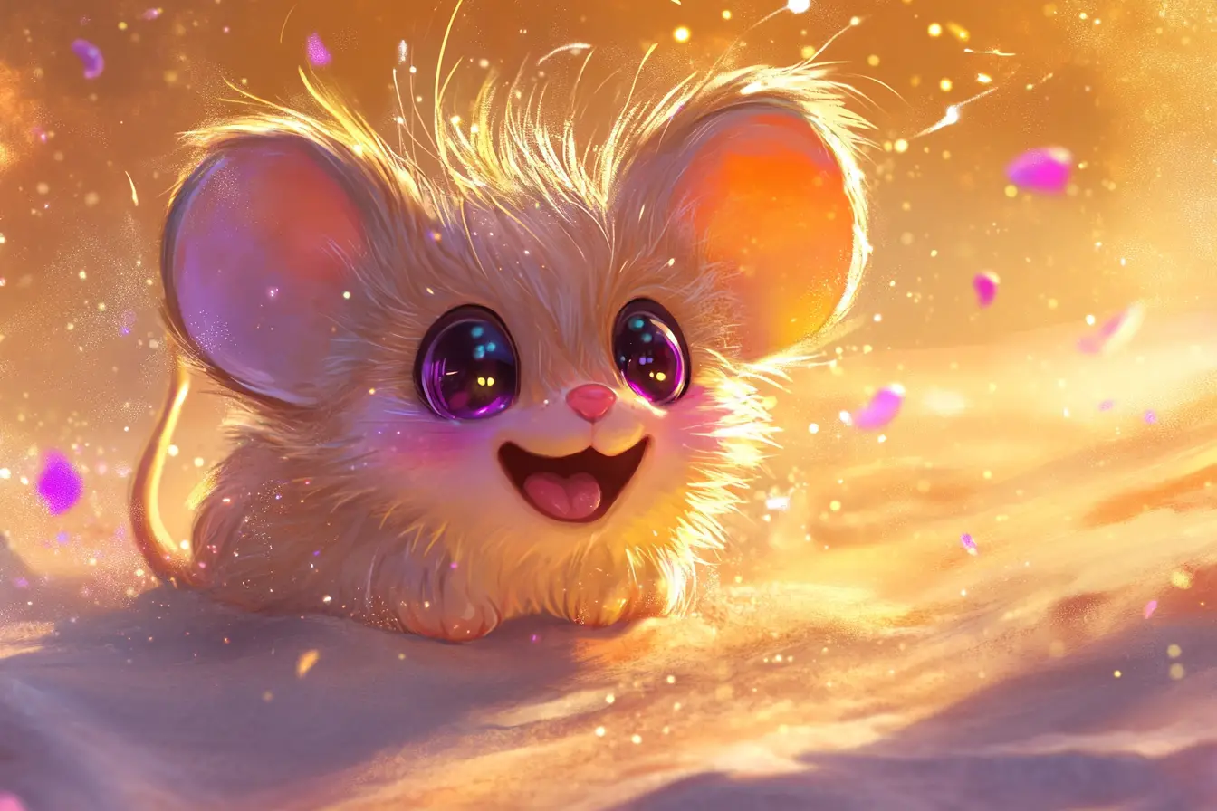 Joyful chibi mouse rolling in sparkling desert sand