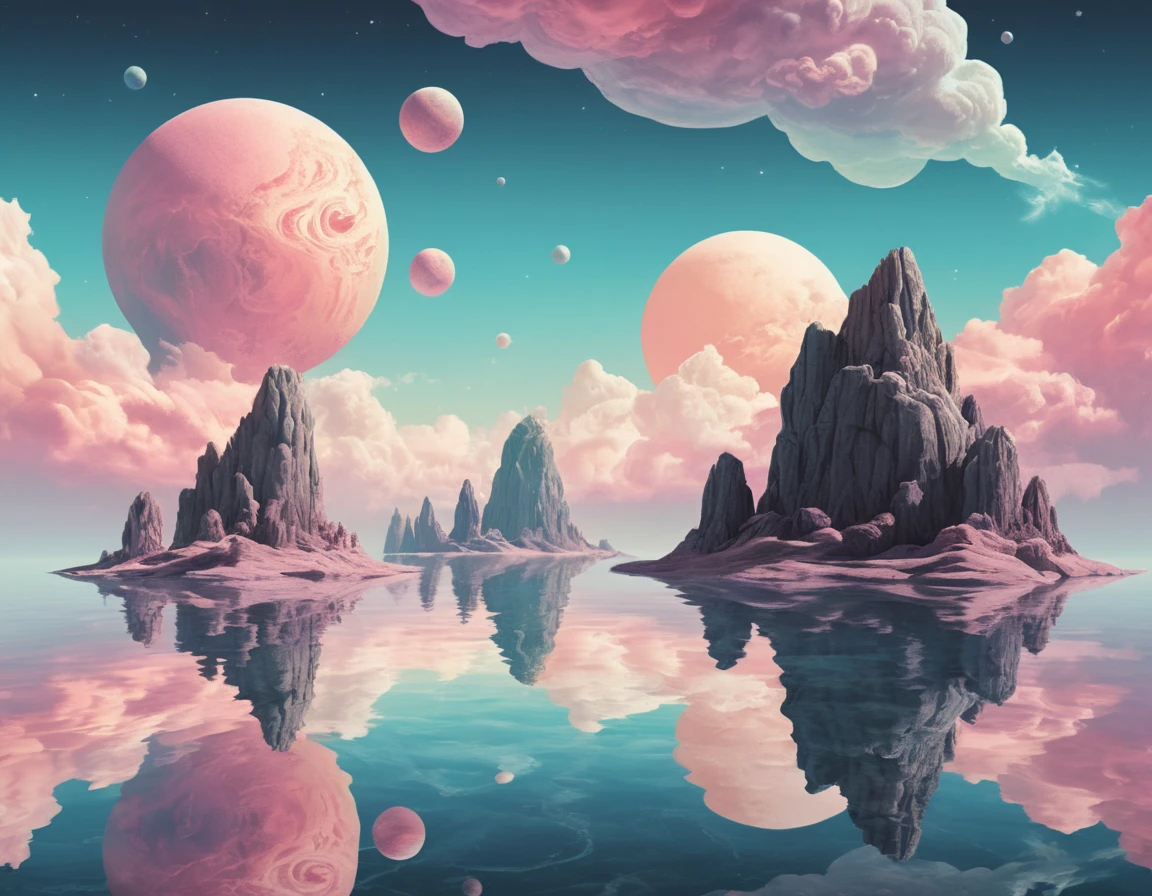 Surreal cosmic landscape with floating islands and twin suns