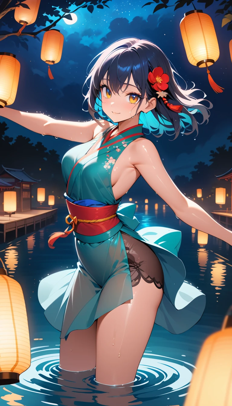 提灯が灯る夜の川で踊るアニメ風の女性