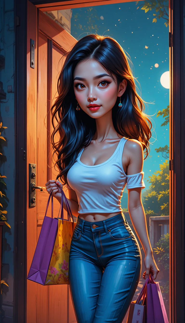 Young woman entering her home with a shopping bag