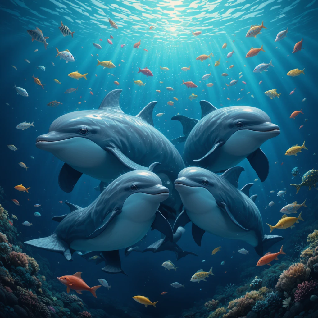 Playful dolphin family swimming together in open ocean