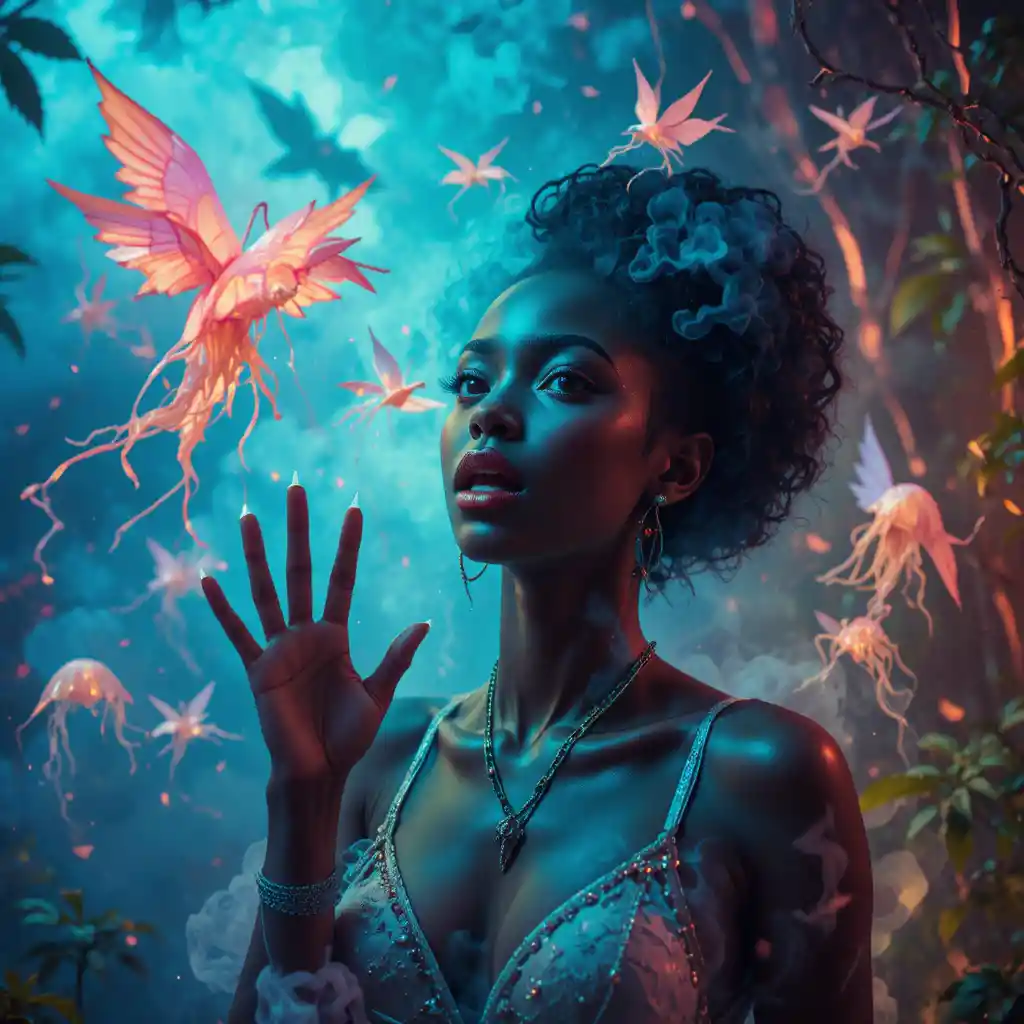 African American woman reaching through surreal neon hallucination