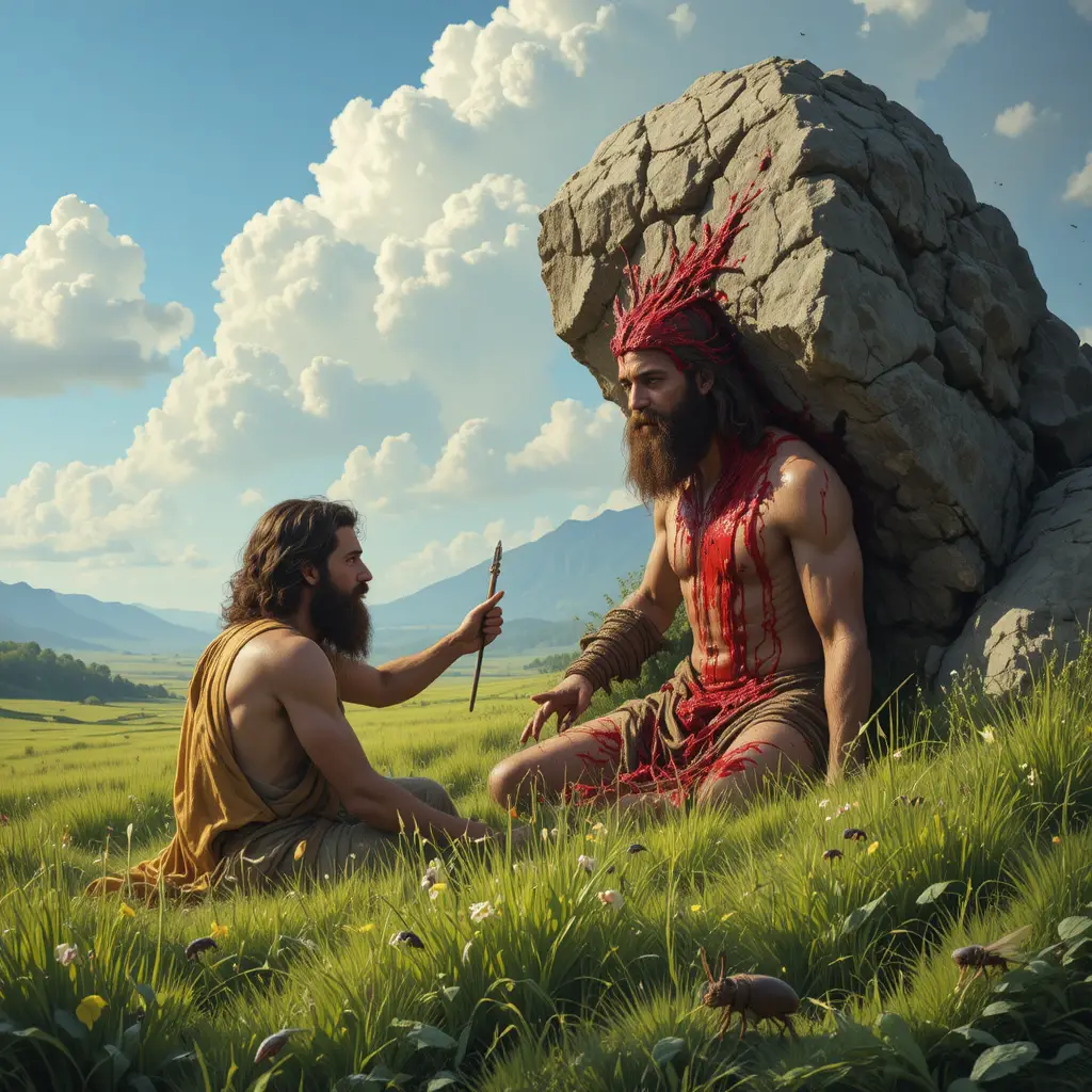 Cain killing Abel with a stone in a green field