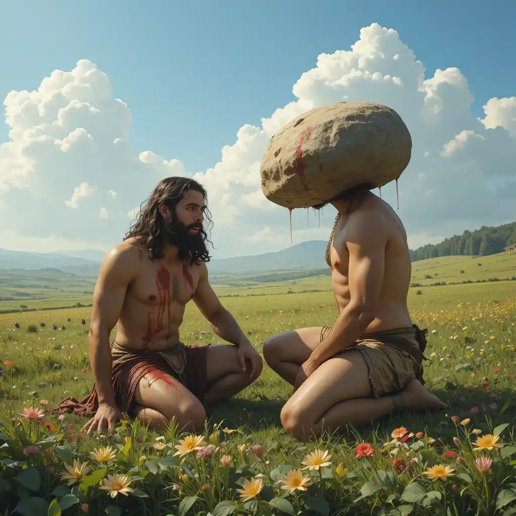 Cain killing Abel with a stone in a green field