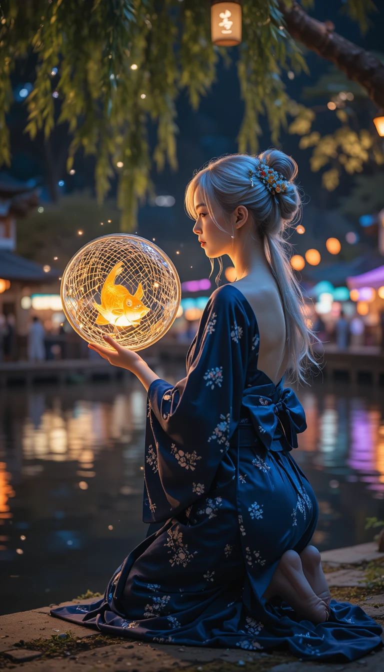 Silberhaarige Hexe am Seeufer auf einem japanischen Nachtfest