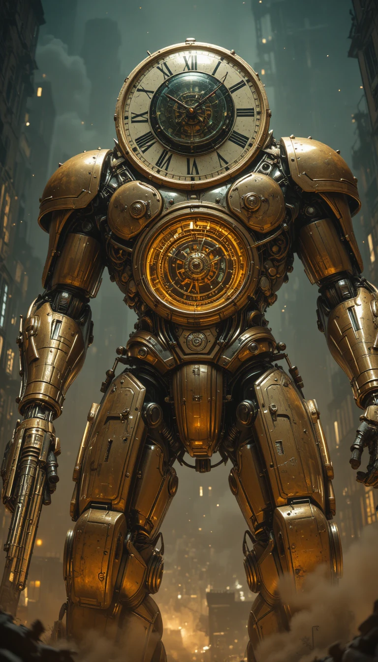 Colossal clock headed mech towering over ruined futuristic city
