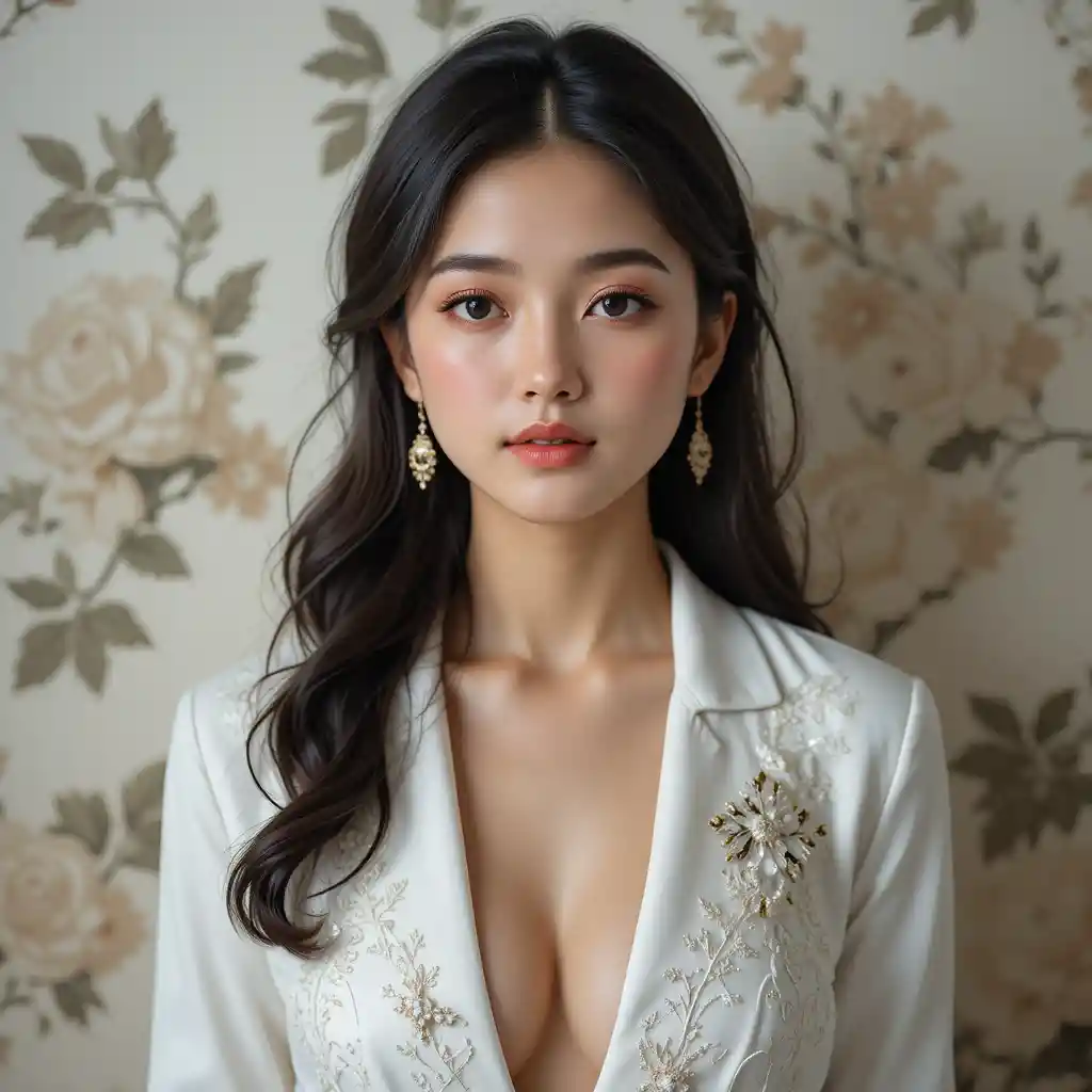 Elegante junge asiatische Frau im weißen bestickten Blazer – Porträt