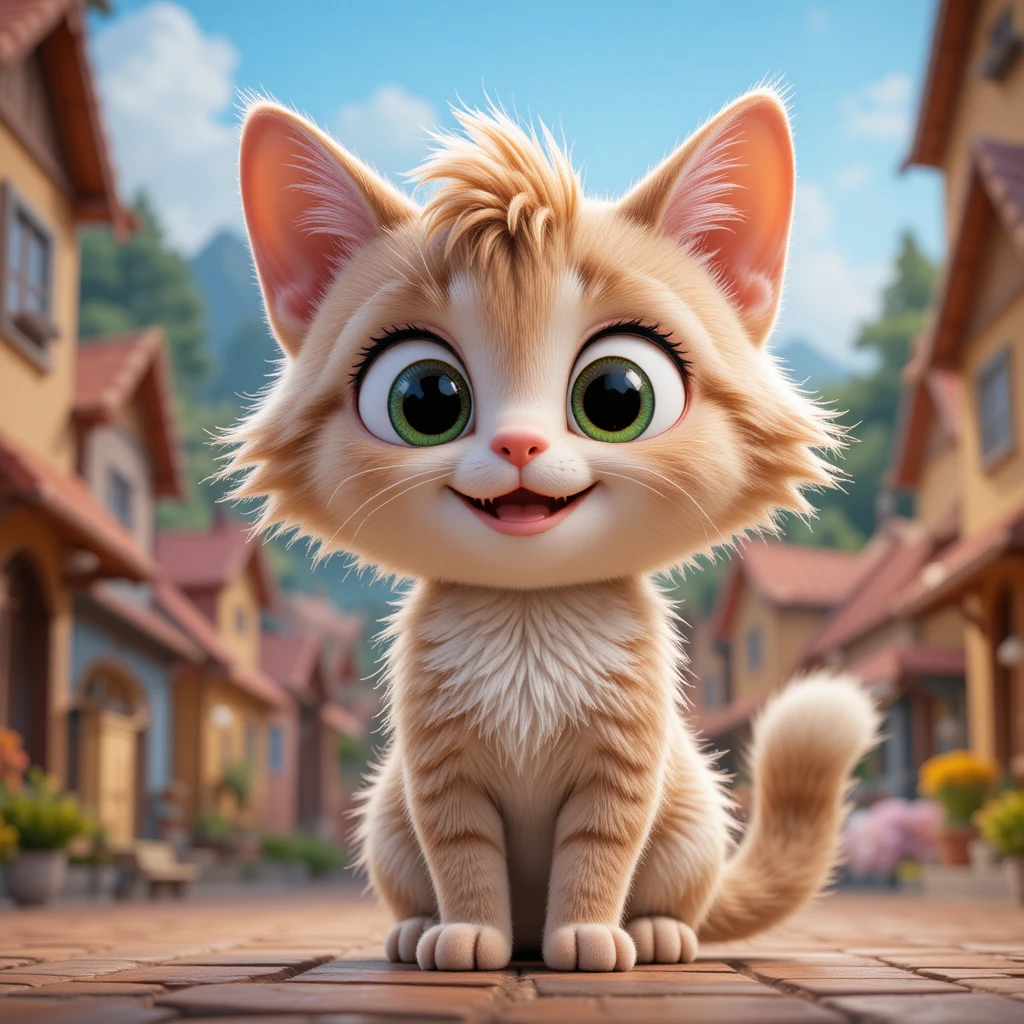 Adorable personaje de gato 3D en una colorida escena de pueblo