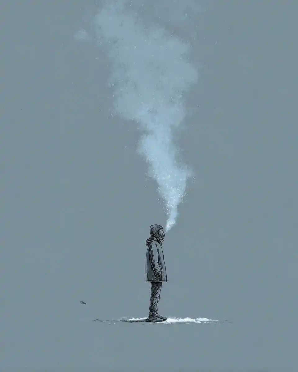 Lone figure breathing in cold winter air illustration