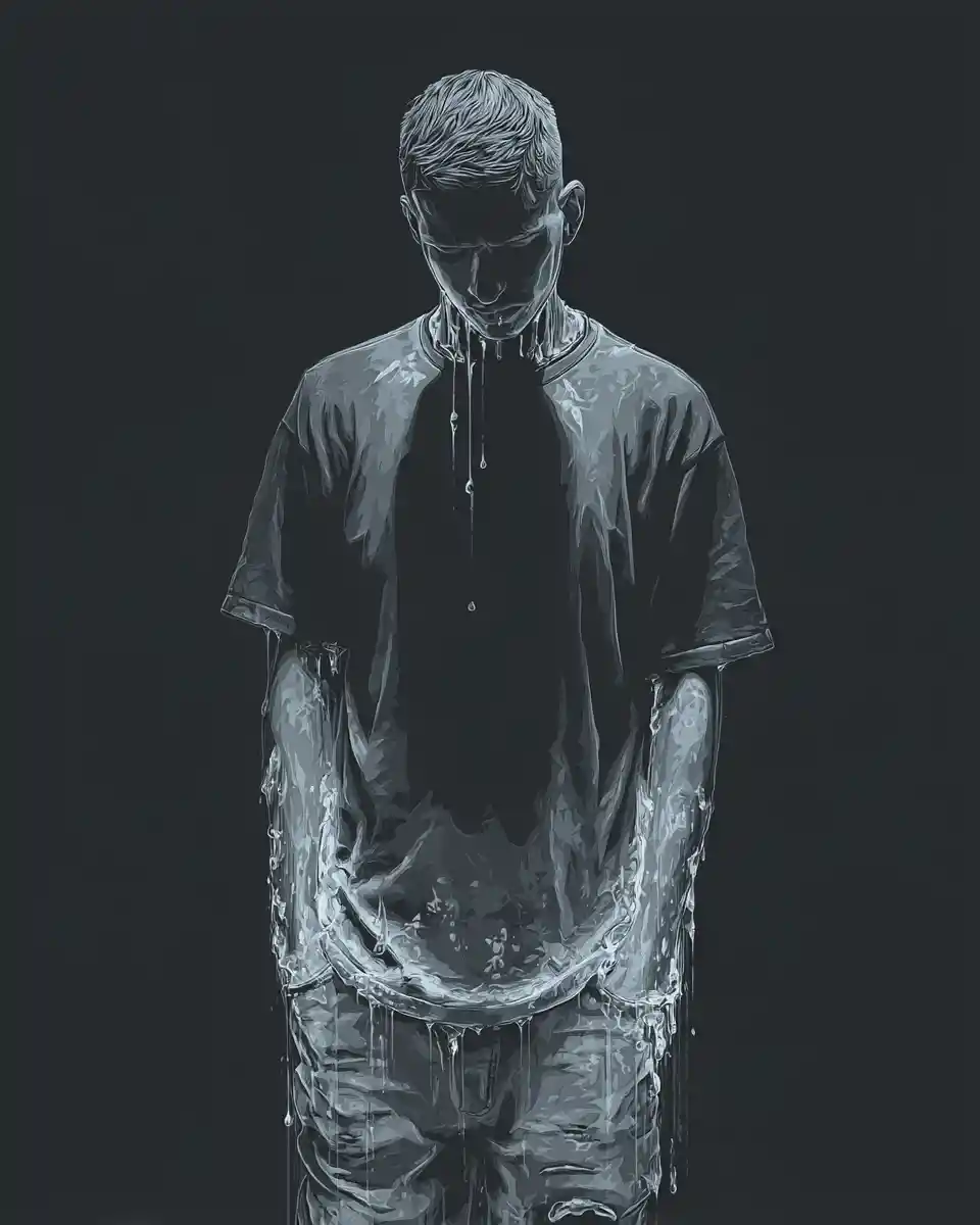 Man Standing Still In Frosty Glow On Dark Background