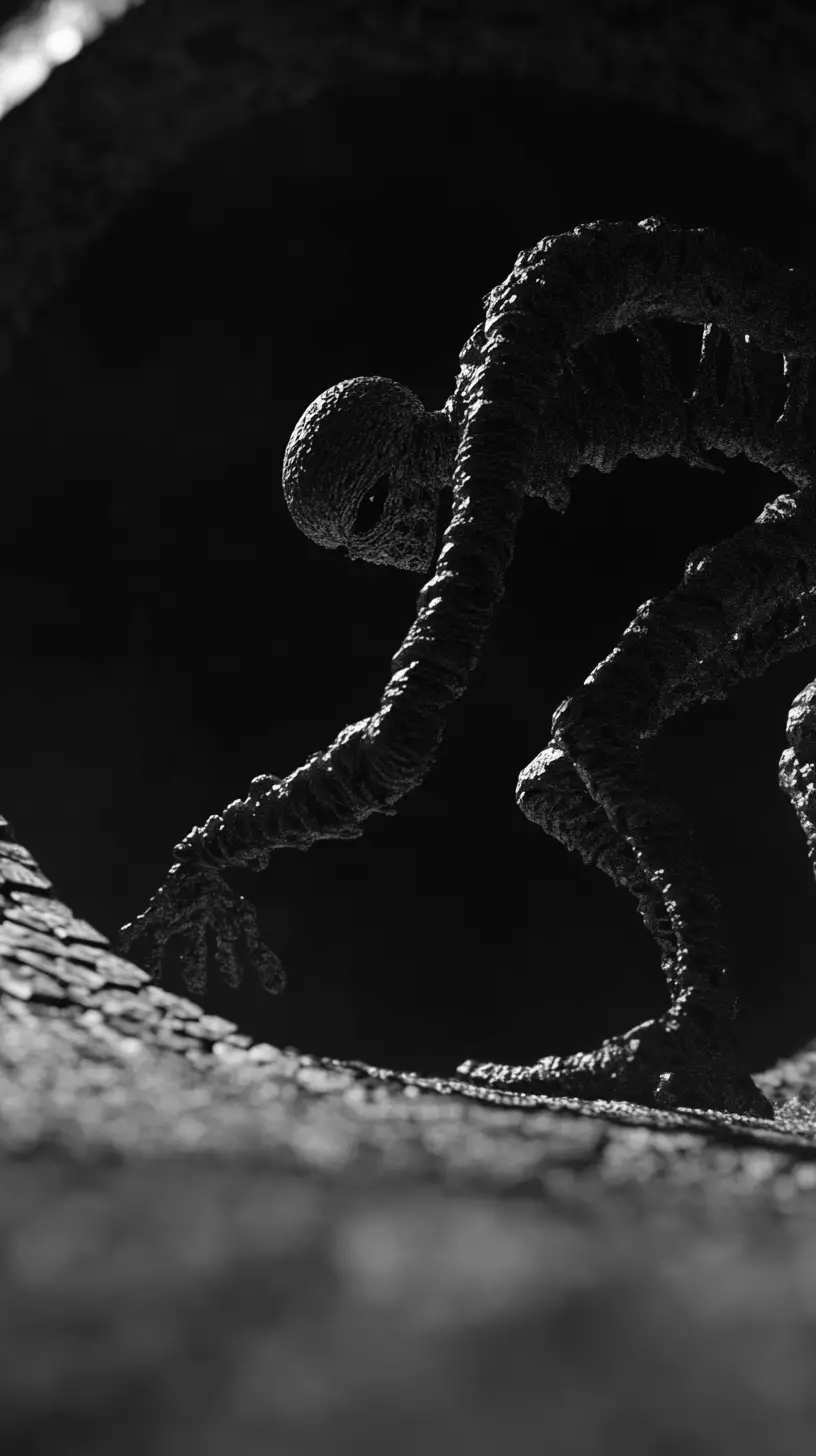 Surreal elongated figure in a twisted looping dream realm