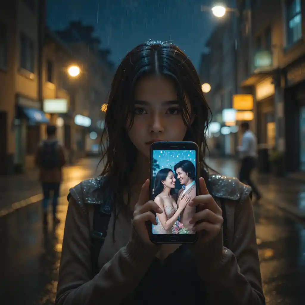 Heartbroken woman standing in the rain with glowing phone
