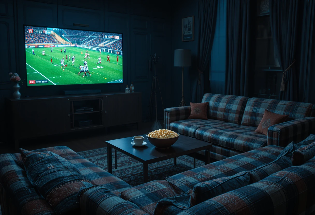 Dark living room with sofa facing glowing television