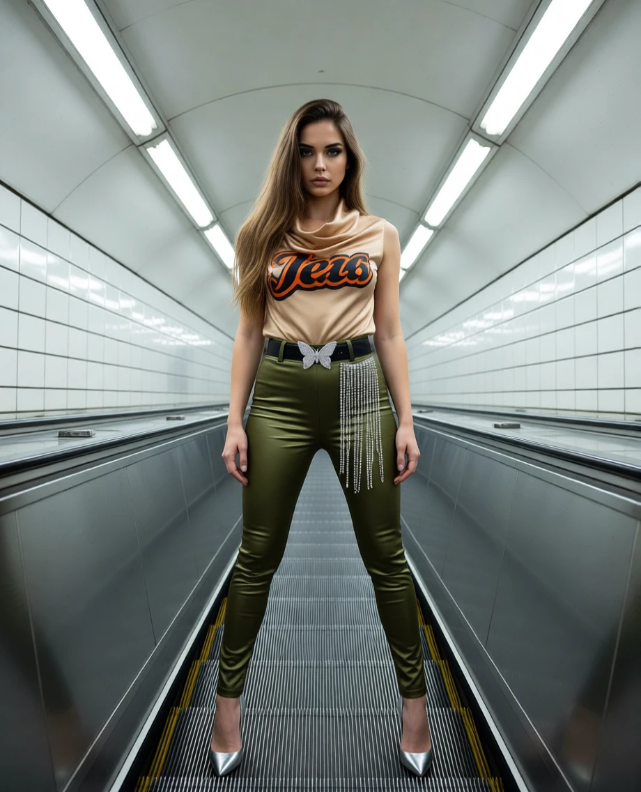 Woman in satin bodysuit on subway escalator