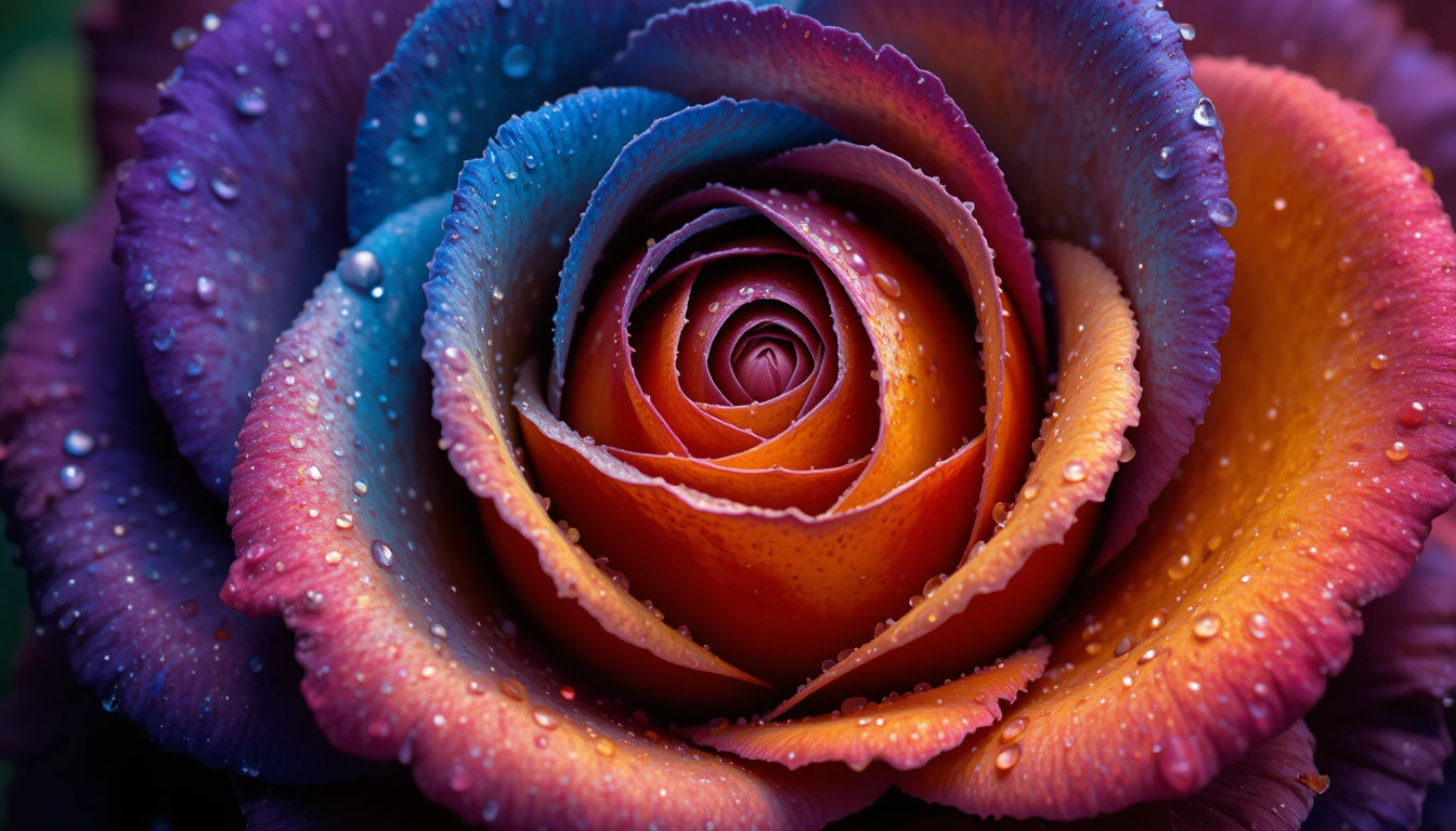 Close up macro of a black rose with rainbow edges