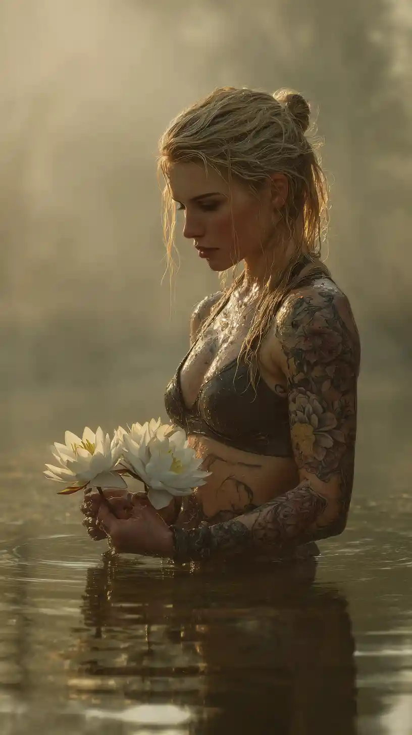 Tätowiertes blondes Mädchen in einem nebligen See bei Sonnenaufgang