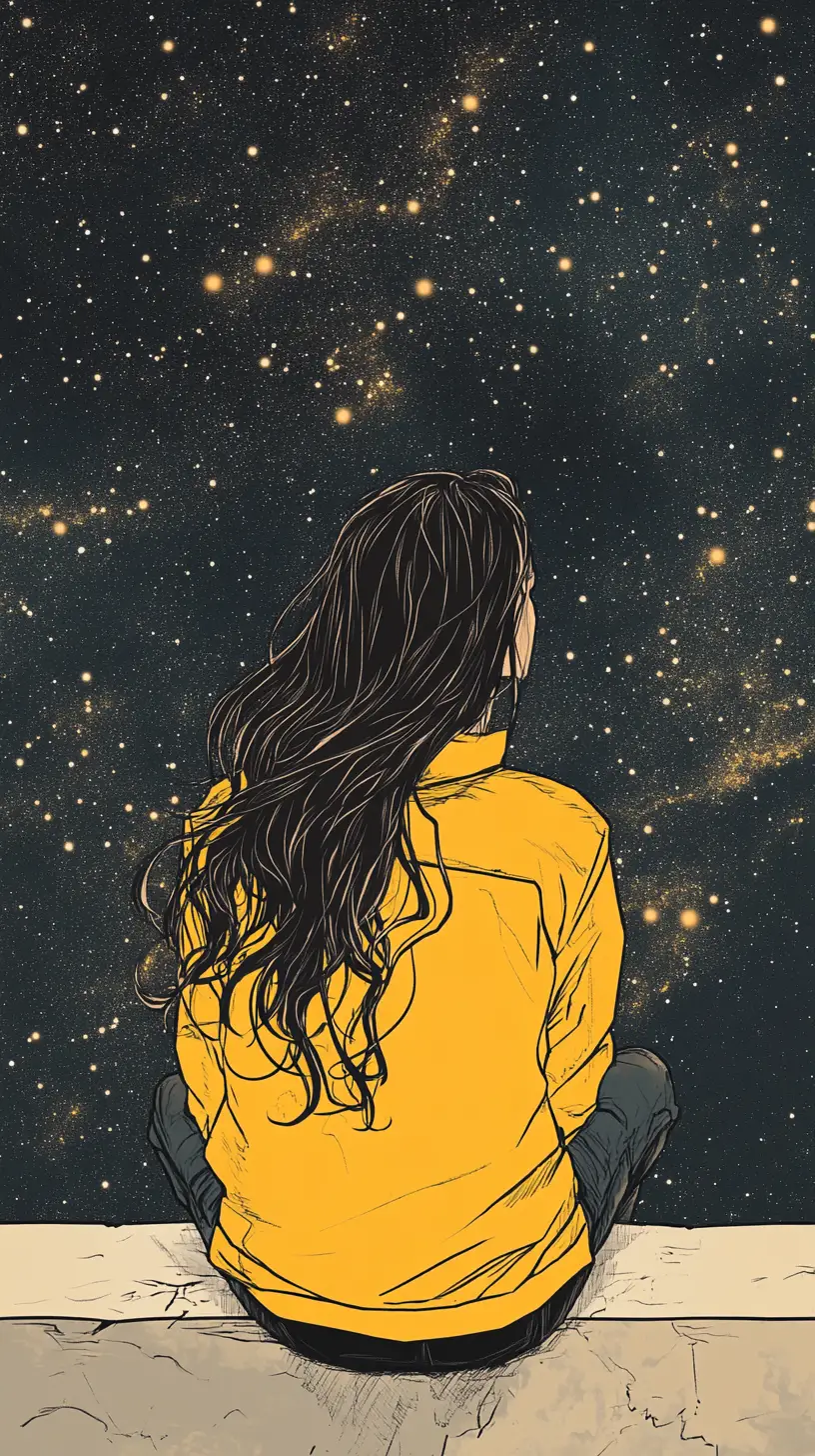 Girl In Yellow Jacket Gazing At A Starry Sky