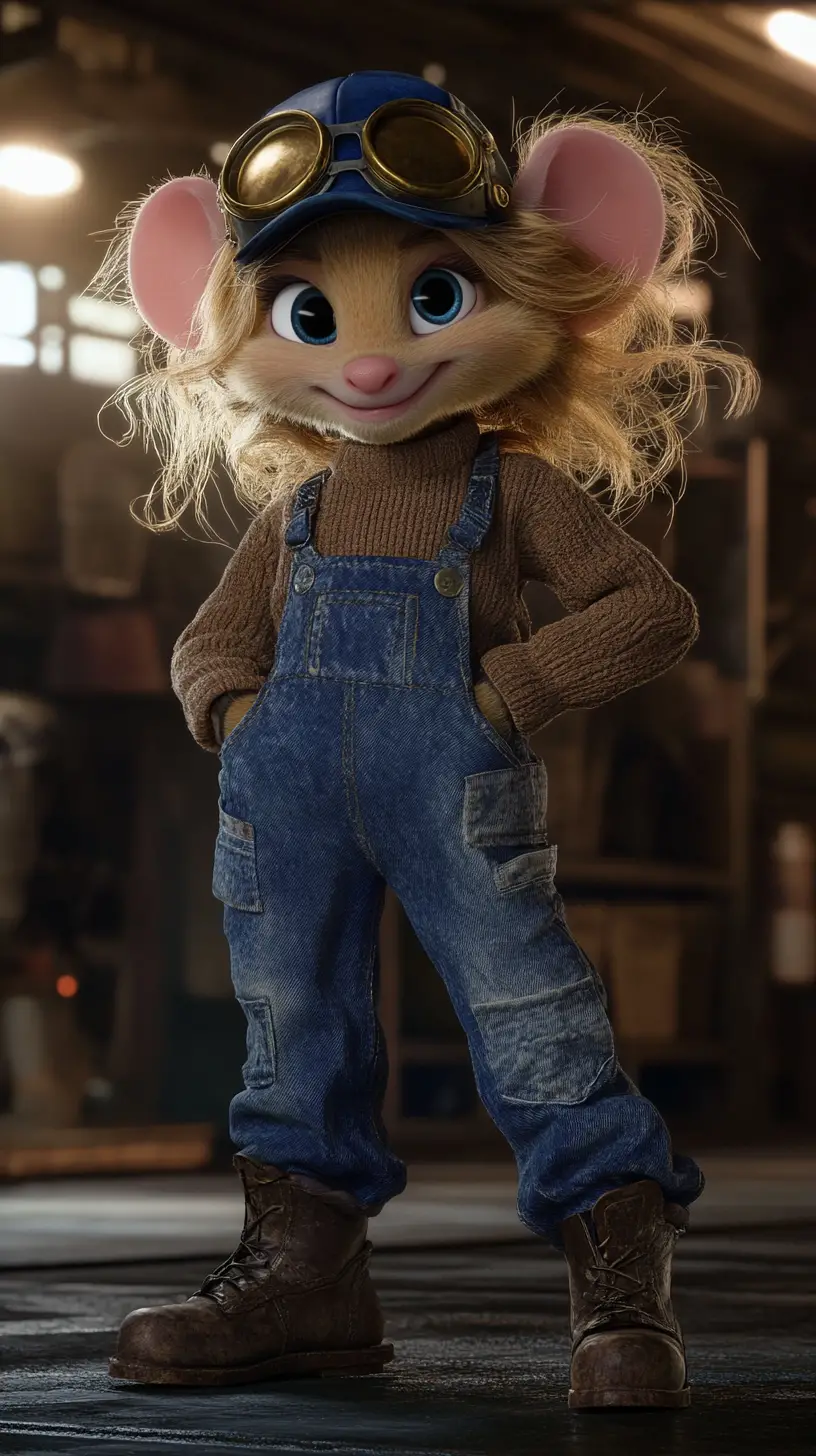 Pixar style mouse character in denim overalls