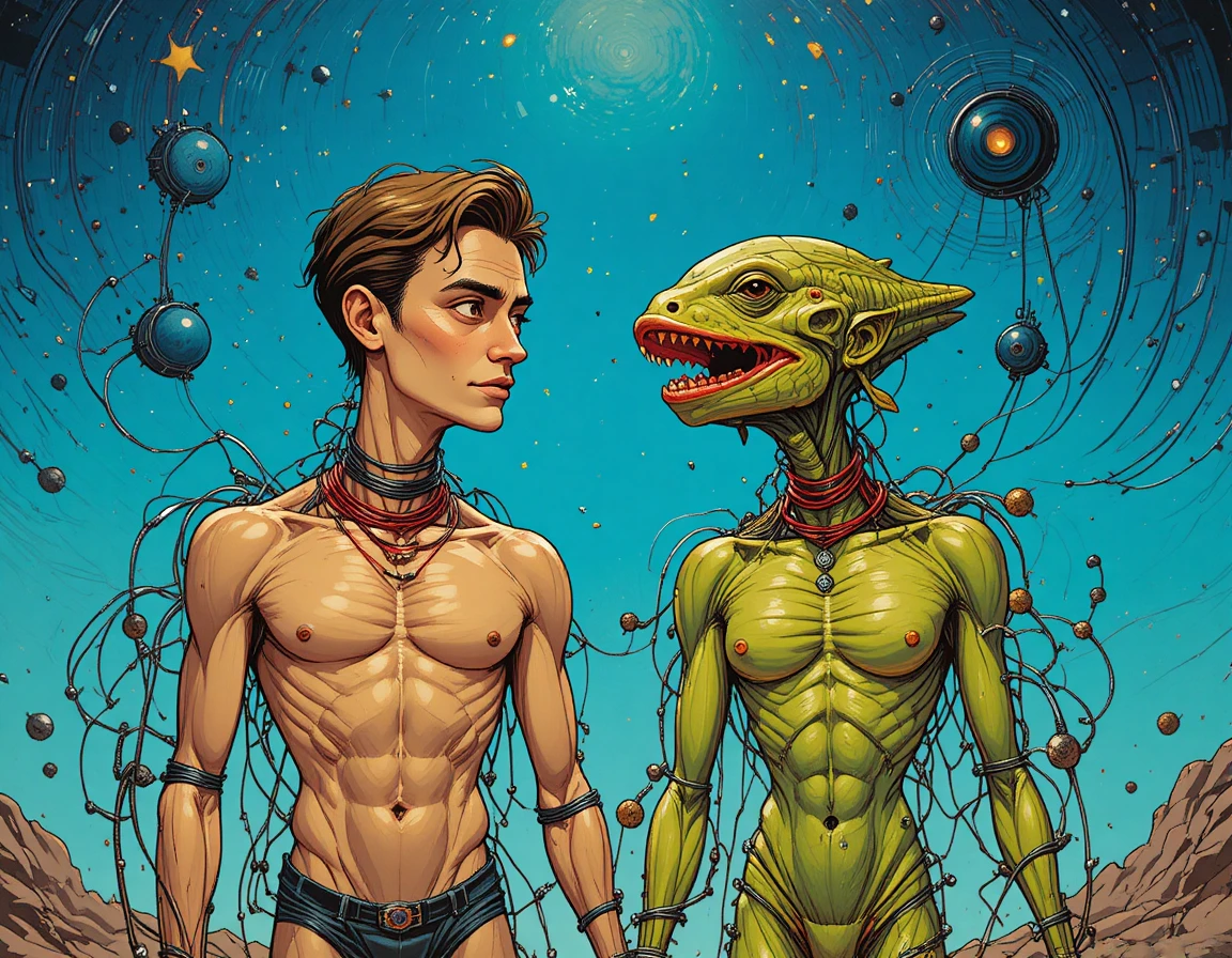 Híbrido surreal de hombre y alien atado dentro de un anillo rojo