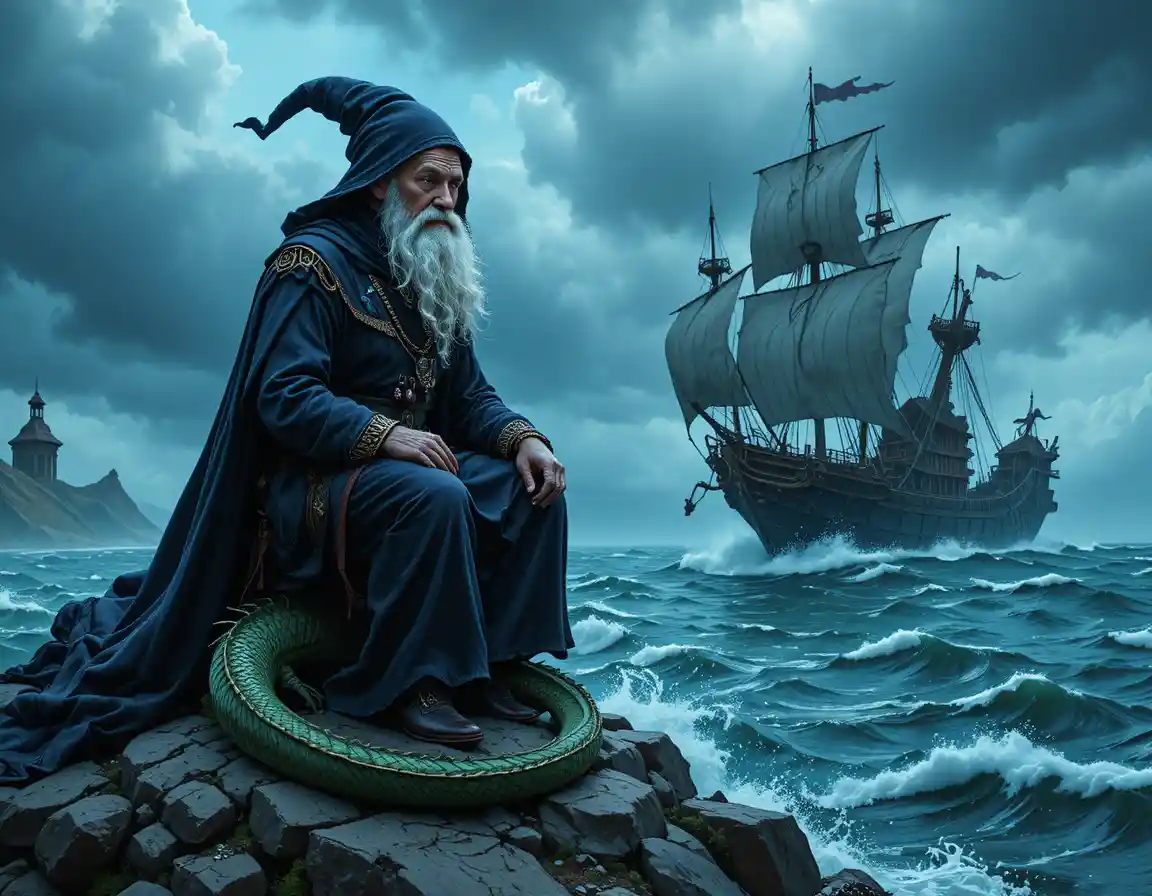 Elderly Wizard With Dragon On Stormy Coastal Rock