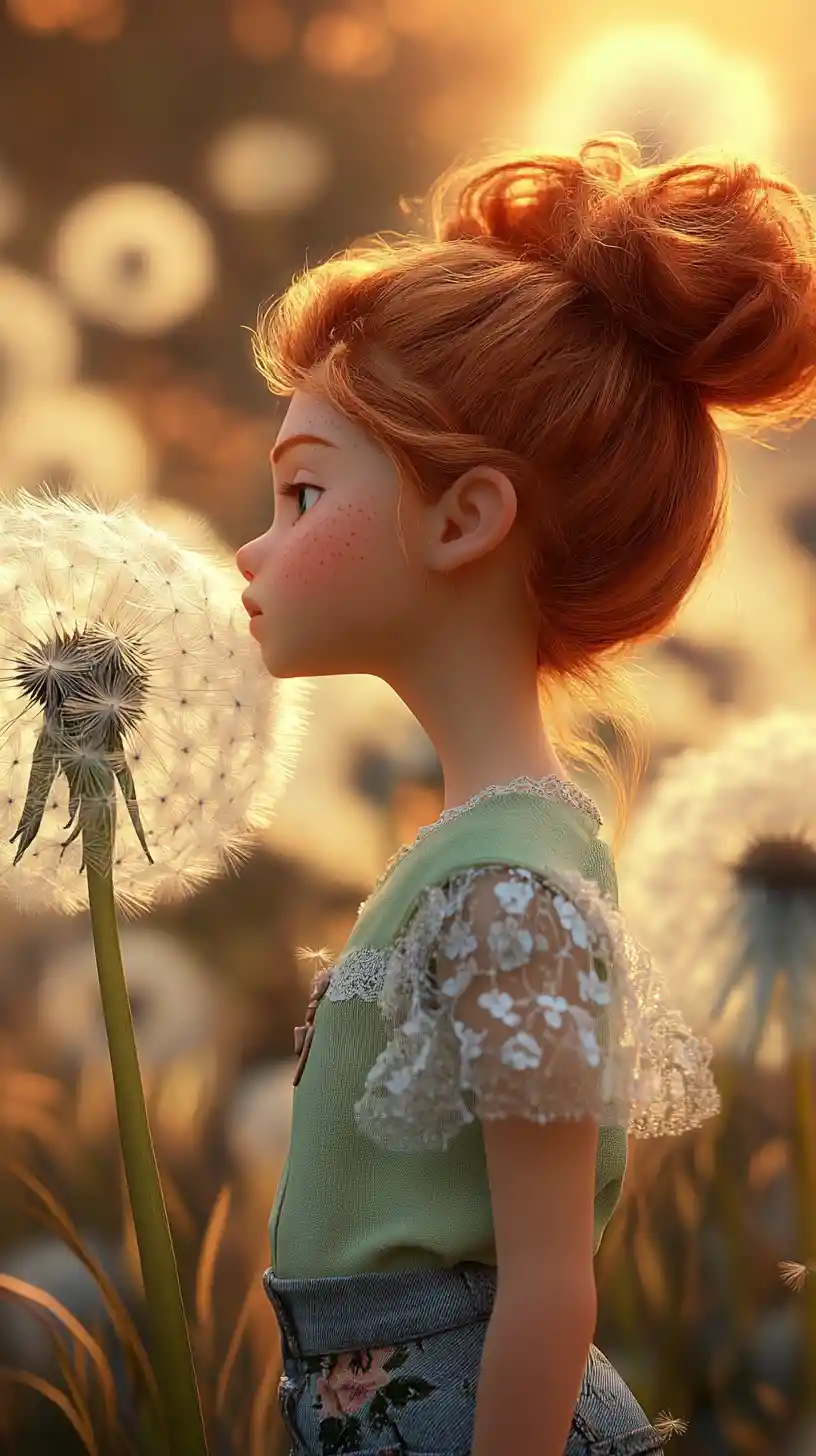 Cute red haired fairy girl with giant dandelion at dusk