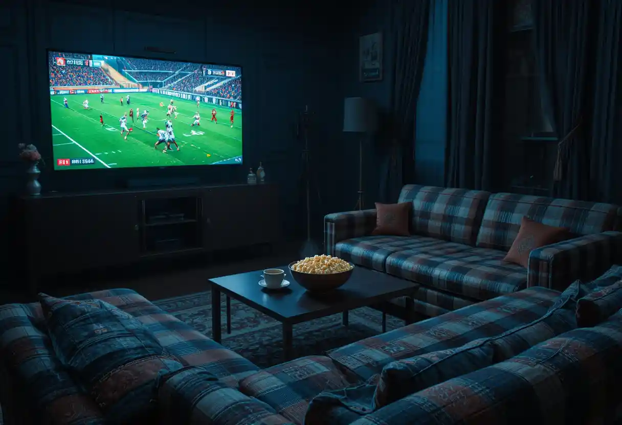 Dark living room with sofa facing glowing television